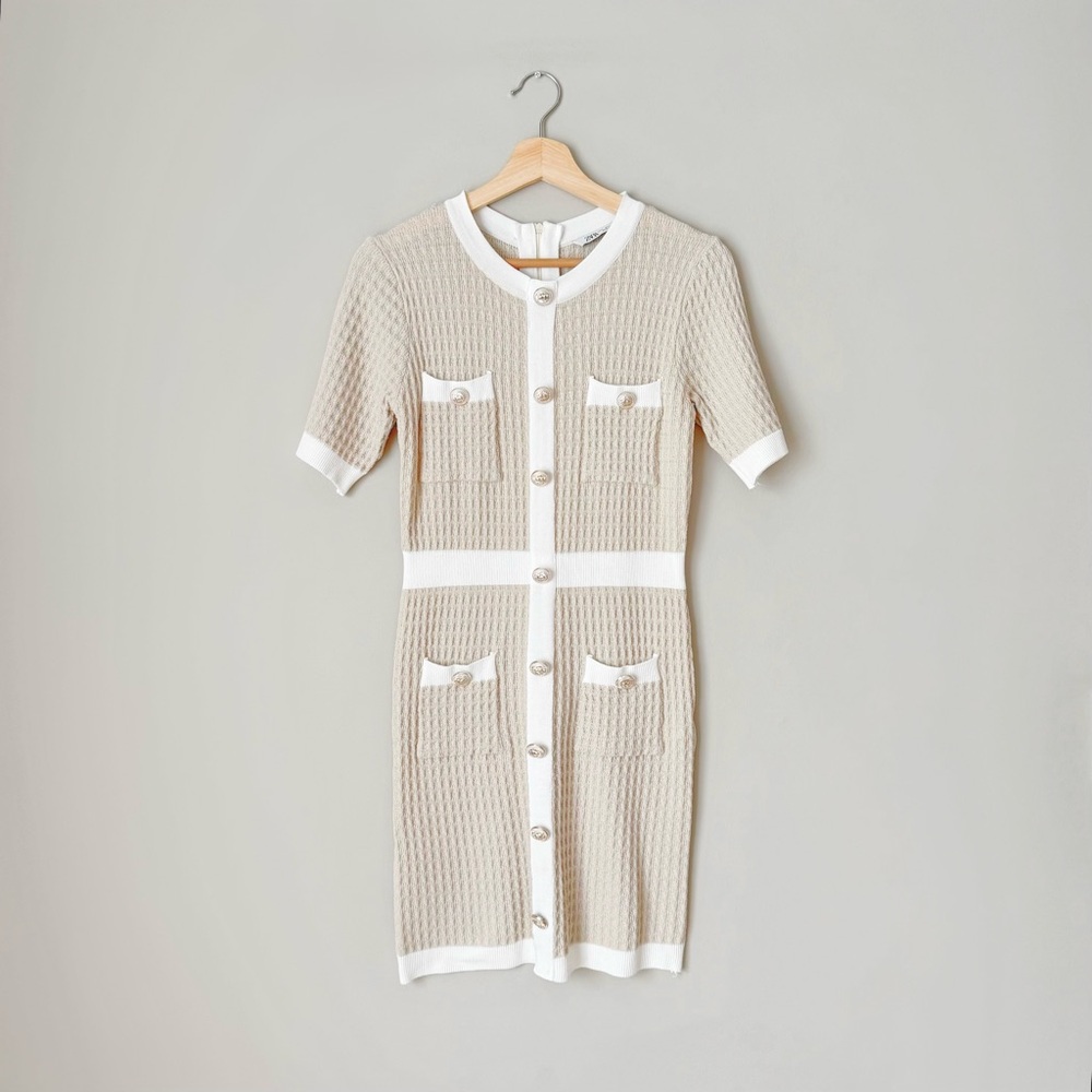 {Zara} Beige Cotton Knit Mini Dress with Gold Buttons